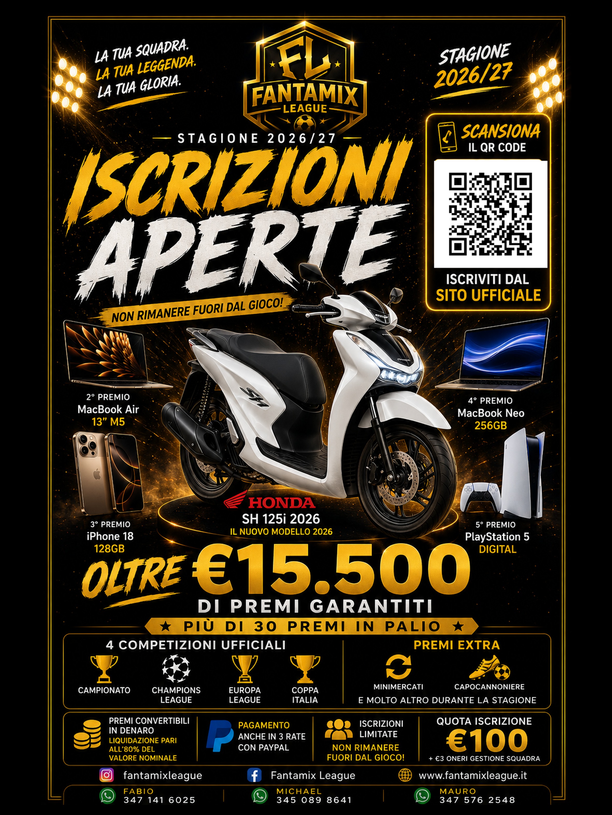 Locandina ufficiale Fantamix League 2026/27: iscrizioni aperte, oltre 15.650 € di montepremi garantito, 32 premi in palio, primo premio Honda SH 125i 2026